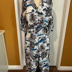 Tropical Print Linen Blend 2piece - Blue and Black Pant Set